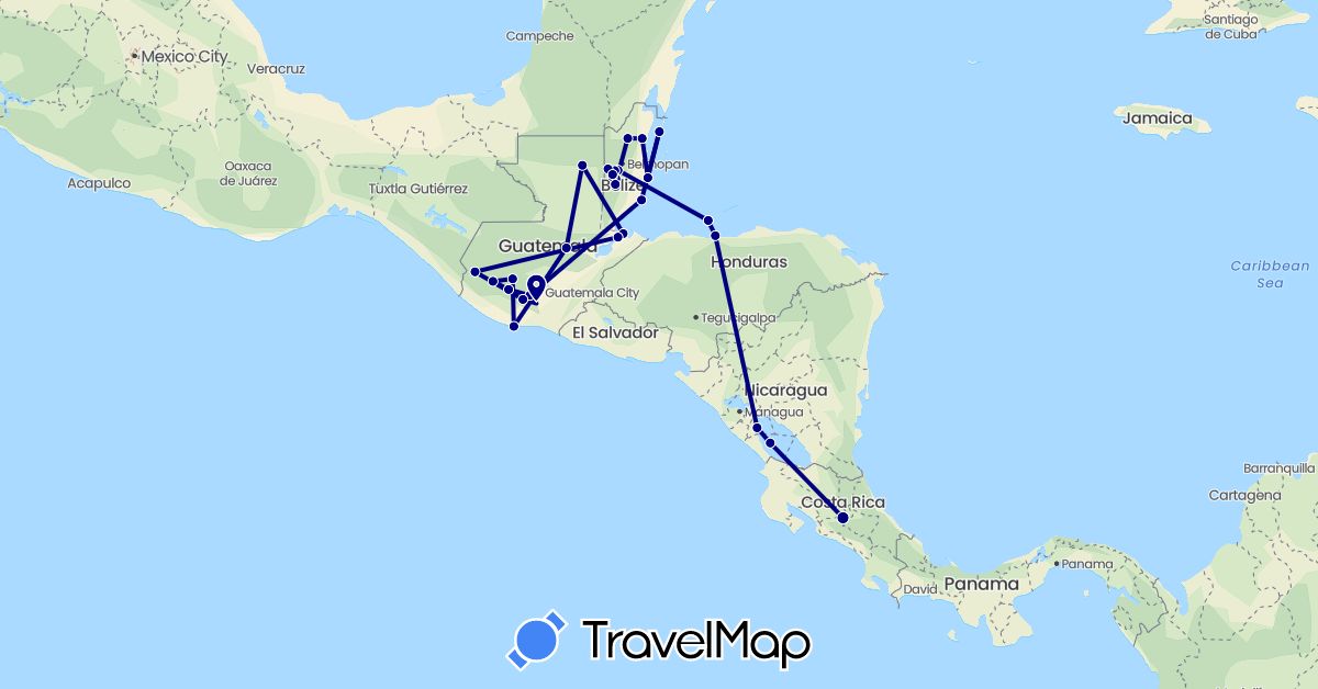 TravelMap itinerary: driving in Belize, Costa Rica, Guatemala, Honduras, Nicaragua (North America)